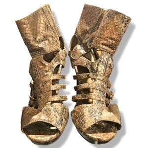 Strappy metallic crocodile print booties